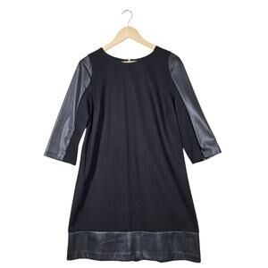 C Est 1946 Sheath Dress sz 14 Black Exposed Back Zipper Faux Leather Hem Sleeves